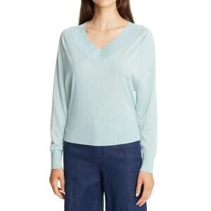 Theory Women's‎ Deep V Neck Rib Wool Sweater Stretch Long Sleeve Mint Size M